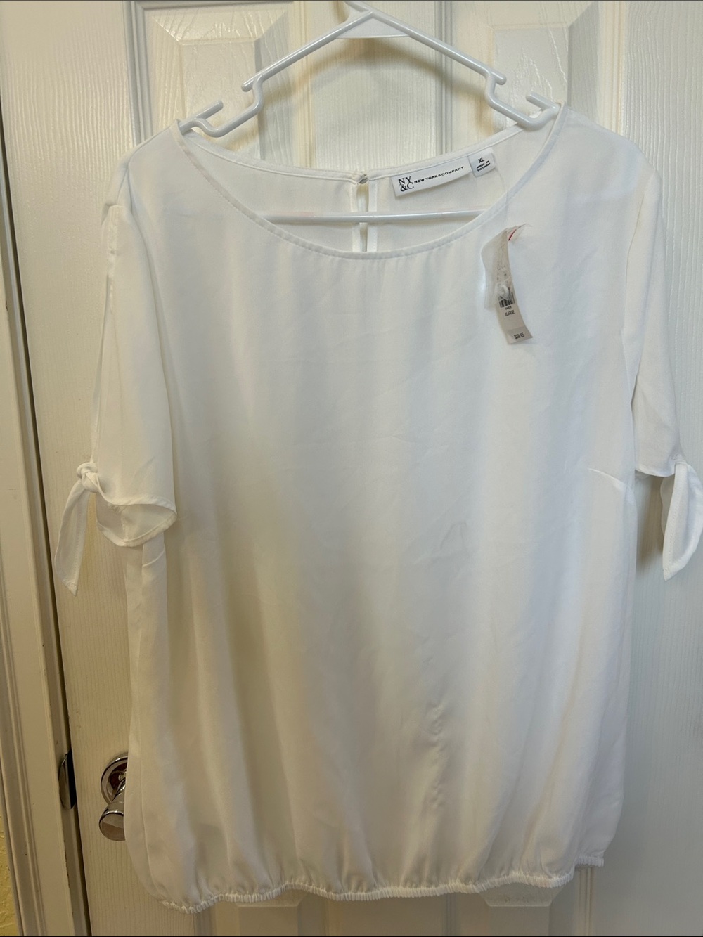 NY Collection White Short-Sleeve Tie-Sleeve Blouse